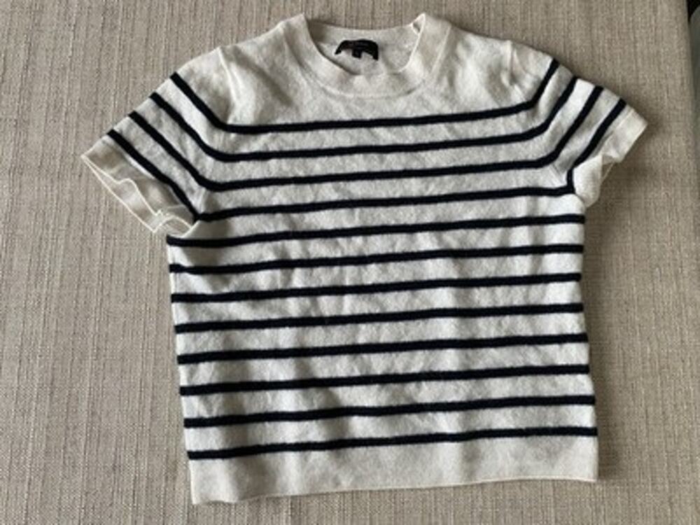 Quince 100% Mongolian Cashmere Short Sleeve Striped Sweater Top Cream Black M